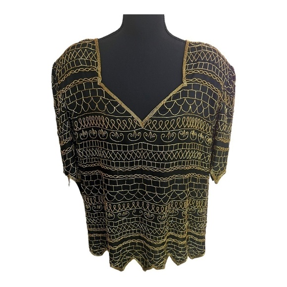 Laurence Kazar Black Gold Silk Beaded Sequin Blouse 2X - Picture 1 of 8